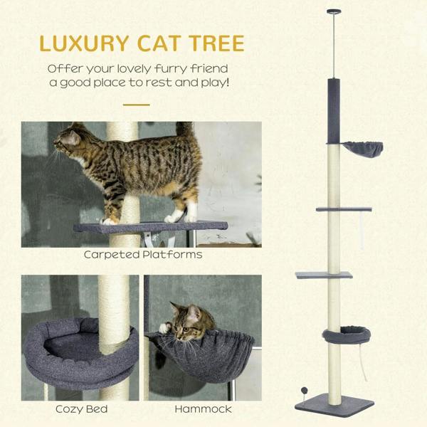 Cat tree with carpeted platforms, cozy bed, and hanging hammock on cream posts