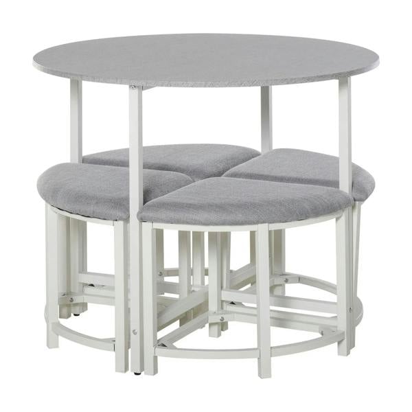 Grey round dining table with two grey upholstered armless stools, white frame