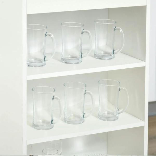 White shelf unit with clear glass mugs on multiple tiers