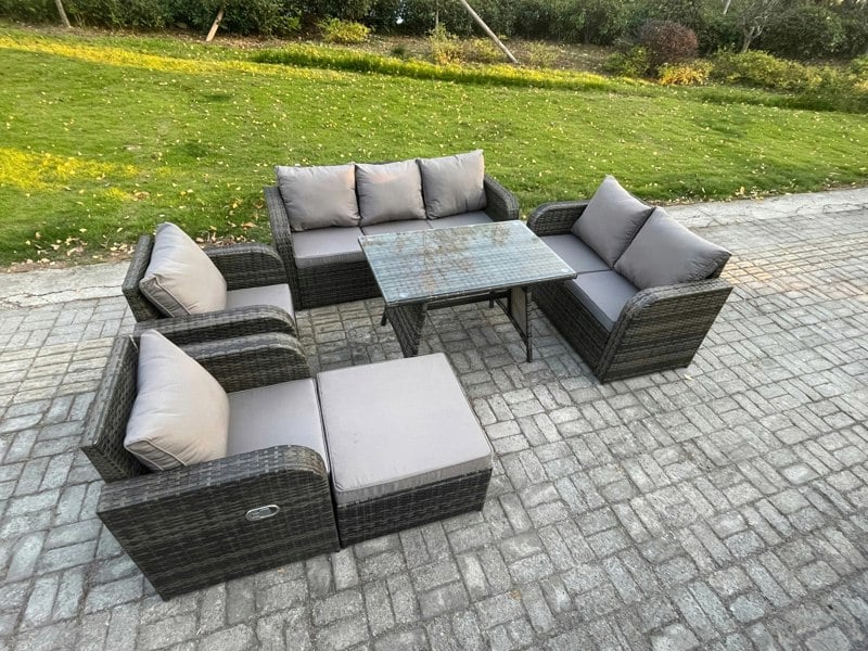 Fimous 8 Seater High Back PE Rattan Sofa Set Outdoor Garden Furniture Dining Table Set With Reclining Chair 3 Seater Sofa Love Sofa Big Footstool