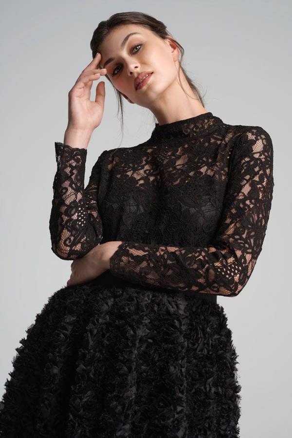 Rumour London Grazia midi dress with lace bodice and ruffled-tulle skirt