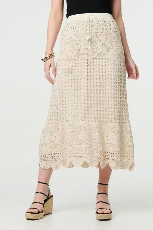 Ivory | Mesh Crochet Texture Tie Waist Midi Skirt

