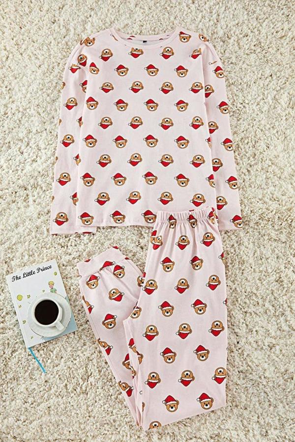 WOVCOR 2-Piece 100% Cotton Teddy Bear Print Christmas Themed Knit Pajama Set