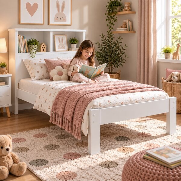 Maserri Easton Wooden Single Bed Frame with Shelf Headboard, White or Grey