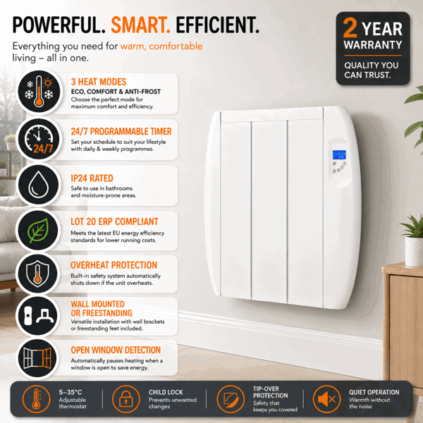 MYLEK Panel Heater Radiator 600W Electric with Programmable Digital Timer