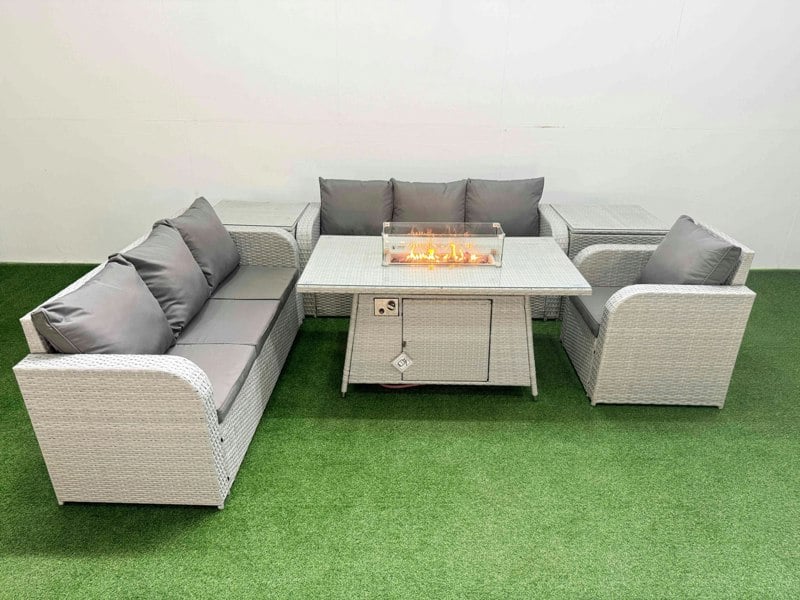 Fimous 7 Seater Rattan Outdoor Garden Furniture Fire Pit Dining Table Sofa Set 3 Seater Sofa Reclining Chair 3 Seater Sofa 2 Side Table Light Grey