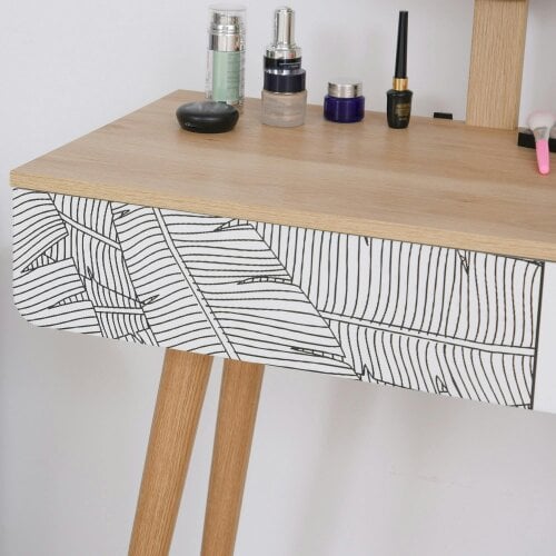 Wyld Haus Zino Oak Wood Botanical Pattern Dressing Table With Adjustable Mirror And Drawer Storage For Bedroom