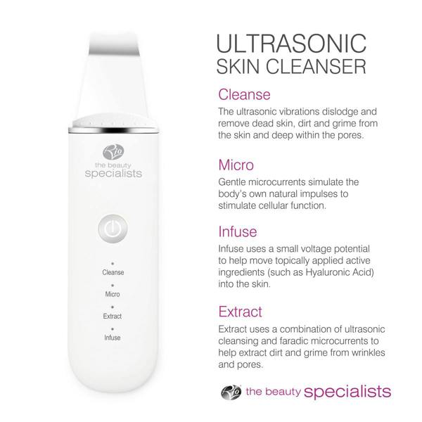 The Rio Ultrasonic Skin Cleanser, featuring four modes—Cleanse, Micro, Extract, and Infuse—for deep cleansing and exfoliation, is displayed beside text highlighting each mode’s benefits. Both the device and text are branded with the Rio logo.