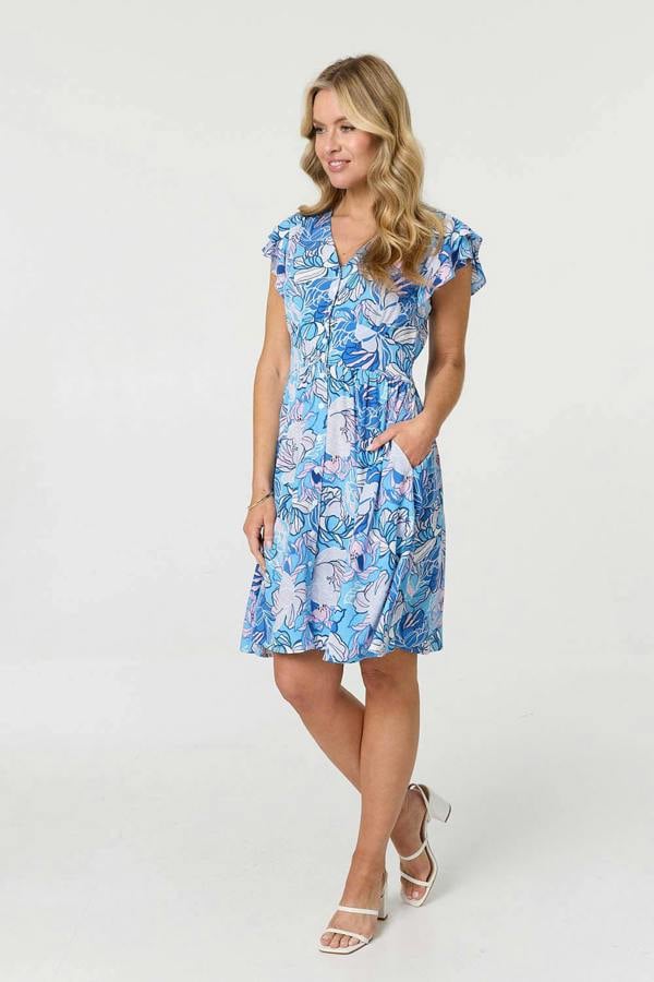 Blue | Floral Cap Sleeve Knee Length Dress