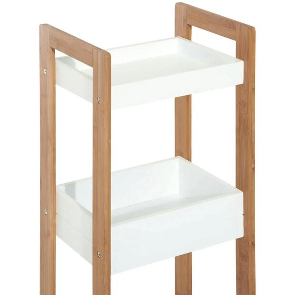 Bamboo bathroom shelf rack with three white open tiers and top frame