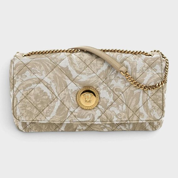 Versace Medusa Baroque Print Quilted Shoulder Bag Gold-Tone Beige