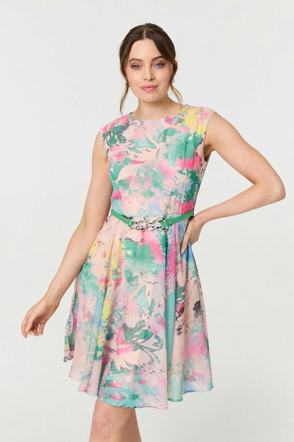 Green | Printed Sleeveless Short Skater Dress
