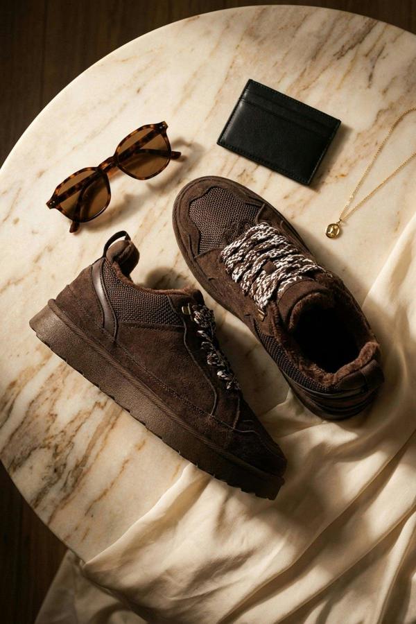Leiza Chunky Lace Up Faux Fur Trainers - Brown