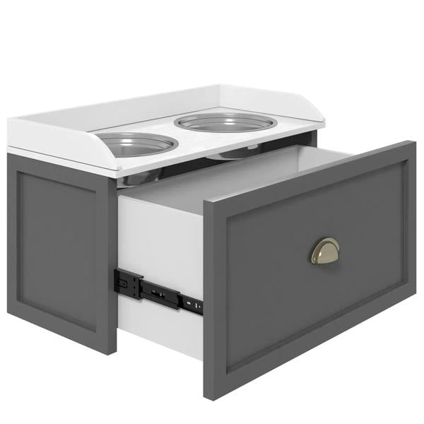 Grey raised dog feeding station with open drawer and two stainless steel bowls on top.