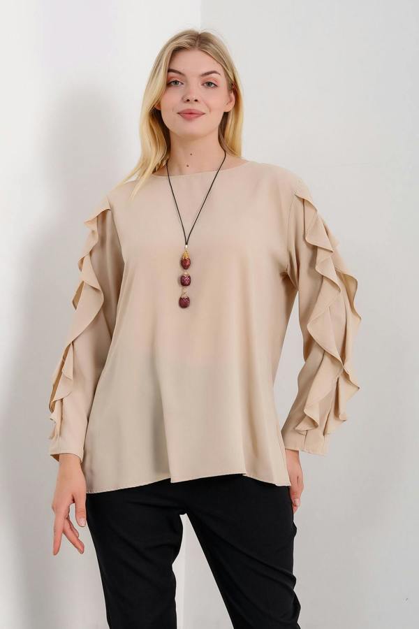 Hoxton Gal Oversized Ruffle Sleeve Relaxed Fit Top In Beige