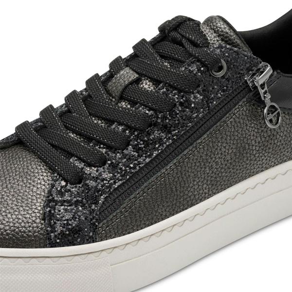 Tamaris Womens Pewter Silver Faux Leather Fashion Lace Up Sneakers