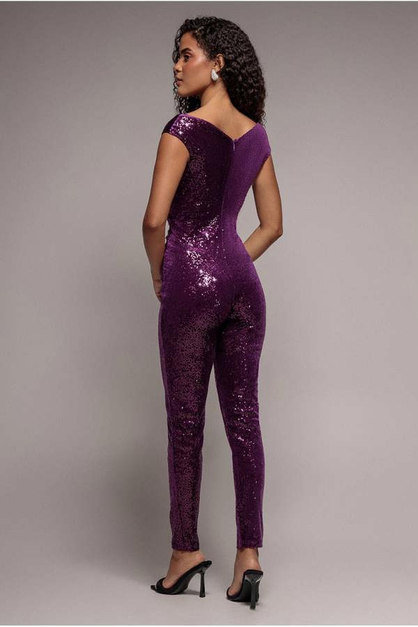 Sequin Velvet Bardot Jumpsuit - Magenta TR371