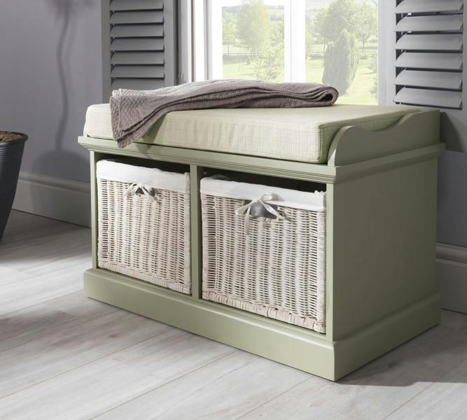 Statement Furniture Tetbury Bench with 2 White Wicker Baskets and Cushion Seat