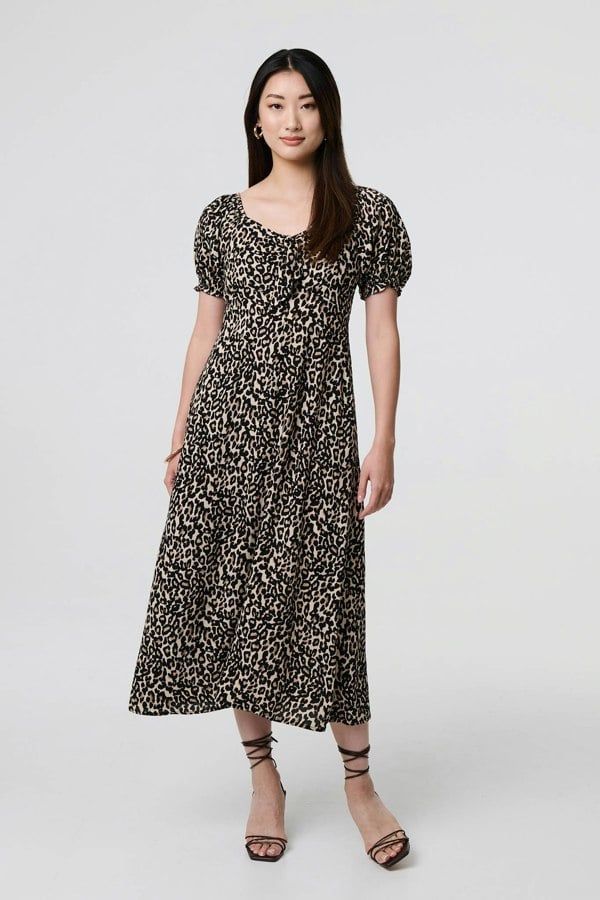 Beige | Animal Print Short Puff Sleeve Maxi Dress
