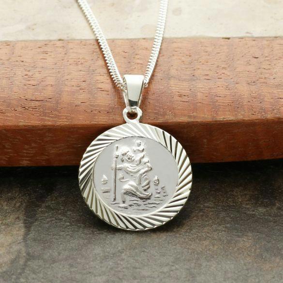 Christopher James of London Sterling Silver 16mm Diamond Cut St Christopher Pendant With Optional Personalisation and Chain