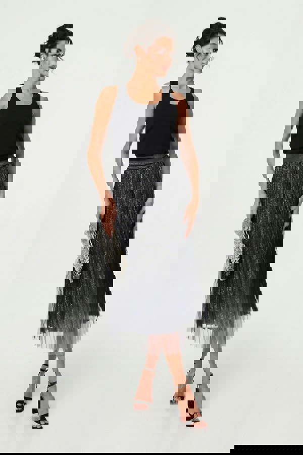 Black | Sparkly Semi Sheer High Waist Midi Skirt
