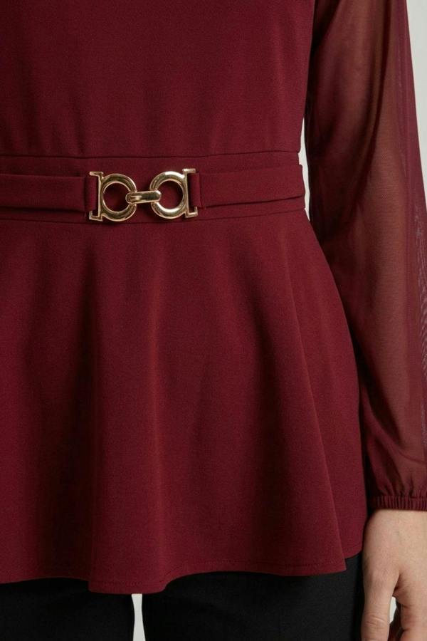 Red | Belt Detail Semi Sheer Peplum Top
