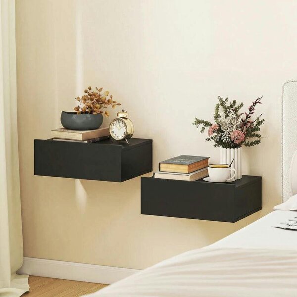 Floating Bedside Table Set of 2, Wall-Mounted Nightstand with Storage Drawer, Small Side End Table for Bedroom, Black