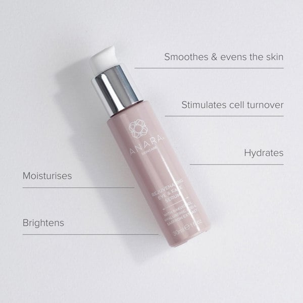 Bottle of Anara Rejuvenating Eye & Face Serum with product benefits listed