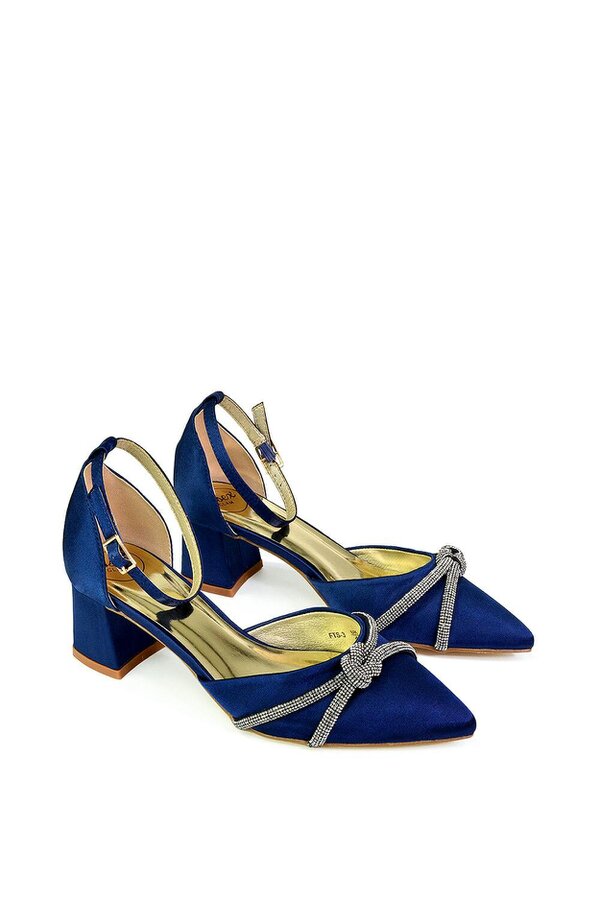 XY LONDON Ankle Strap Pointed Toe Diamante Mid Block Heels