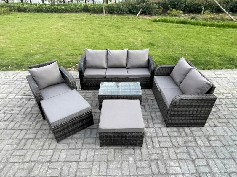 Fimous 8 Seater Garden Furniture Set Rattan Outdoor Lounge Sofa Chair With Tempered Glass Table 2 Big Footstool Dark Grey Mixed