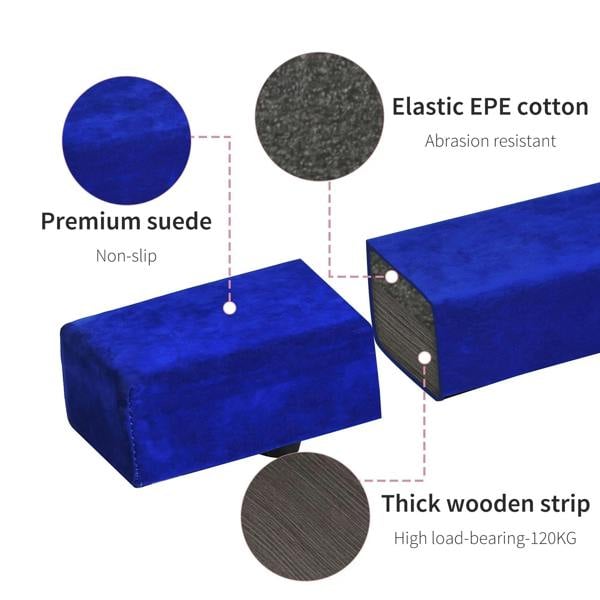 Blue suede non-slip balance beam with thick wooden support strip and elastic padding