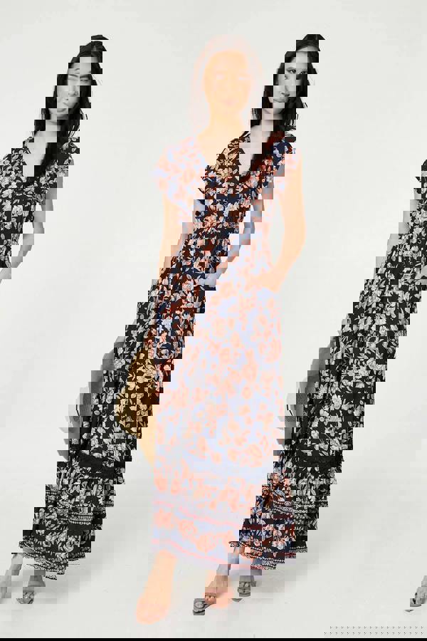 Navy | Lace Trim Tiered Cap Sleeve Maxi Dress