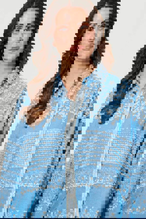 Blue | Embroidered Lace Trim Long Sleeve Shirt
