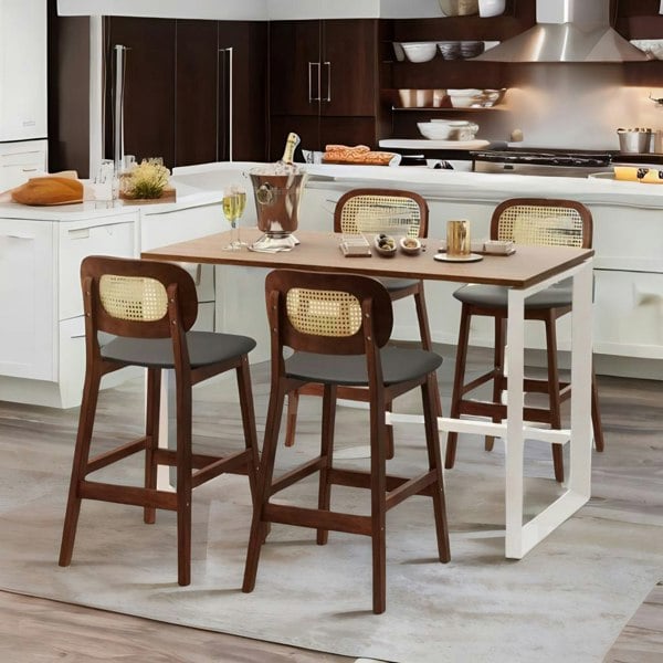 Rafaelo Mobilia Set Of 2 Faux Leather Bar Stools With Rattan Back and Wooden Legs Brown