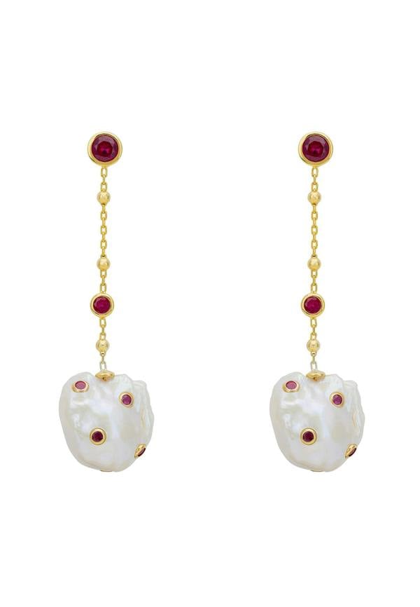 Latelita Polka Dot Baroque Pearl Chain Drop Earrings Gold Ruby