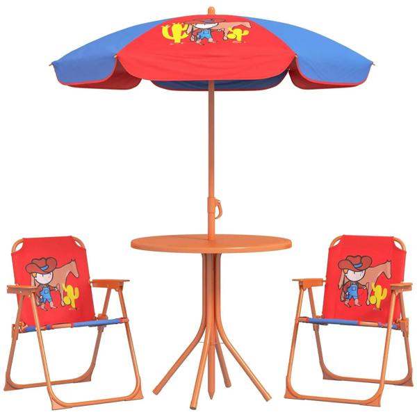 Kids cowboy picnic table set with two red folding chairs and blue-red parasol