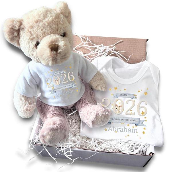 Personalised Welcome to the World 2026 Gift Box Baby Gift Hamper - Teddy & Vest