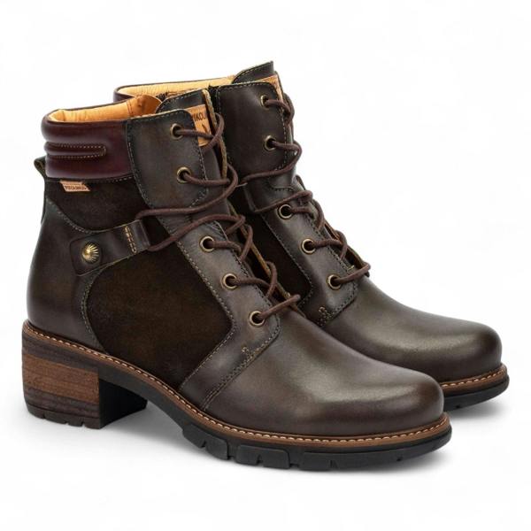 Pikolinos Women’s Forest Brown Leather Zip & Lace Up Heel Ankle Boots - San Sebastia