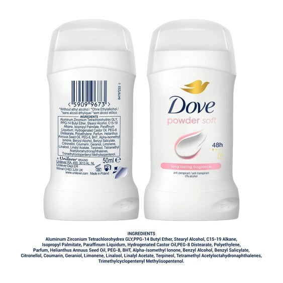 Dove Powder Soft Anti-Perspirant Deo Stick 50ml 24 Pack, 48H Sweat Protection