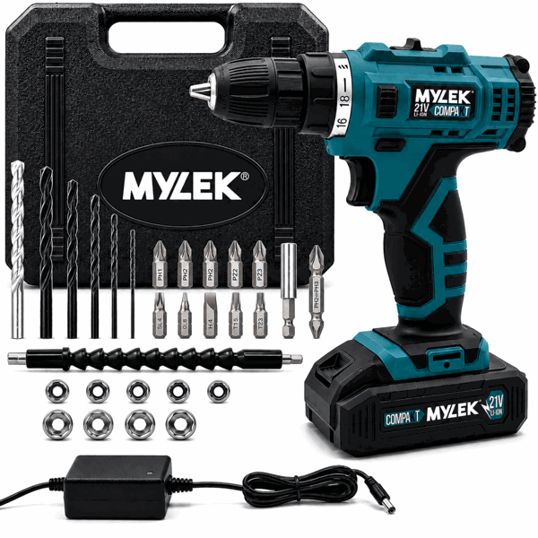 MYLEK 21V Cordless Drill Electric Li-ion Screwdriver Set, 2 Speed, Fast Charge, Variable Speed