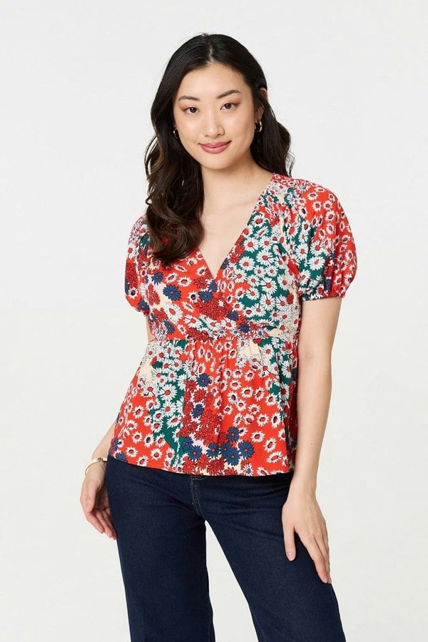 Orange | Ditsy Floral Faux Wrap V-Neck Top
