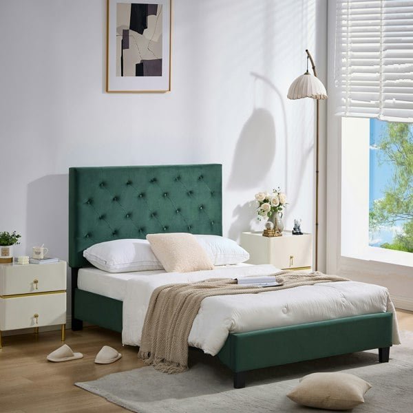 Furniture One Double Bed Frame, Upholstered Platform Bed Frame with Adjustable Headboard, Solid Wood Slats, Max Load 320KS