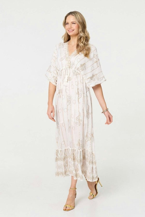 White | Embellished Kimono Sleeve Maxi Dress
