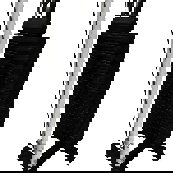 Wall mounted cable pulley machine featuring a stack of black weight plates, sturdy metal frame, and smooth pulley system for versatile workouts