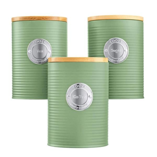 Cooks Professional 3 Piece Kitchen Storage Set with Bamboo Lids | Green / Silver