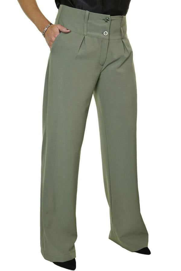 Paulo Due Women's Straight Leg Wide Waistband Trousers Khaki
