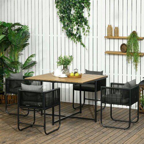 Wyld Haus Lilere Rattan Black 4 Seater Cube Garden Dining Set With Cushions And Rectangular Wood Grain Table