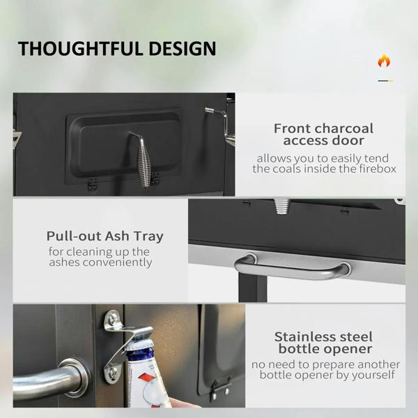 Black charcoal grill with front charcoal access door, pull-out ash tray, and bottle opener