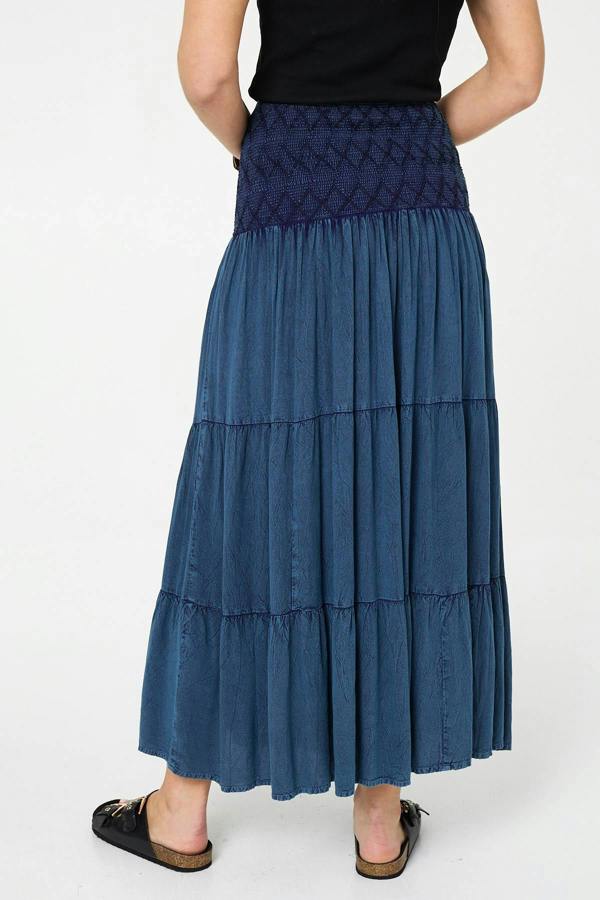 Blue | Elasticated High Waist Tiered Maxi Skirt
