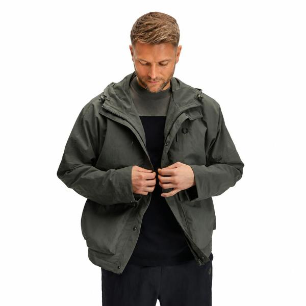 Fred Perry field green cropped ripstop parka jacket with a hood and black embroidered laurel wreath logo.